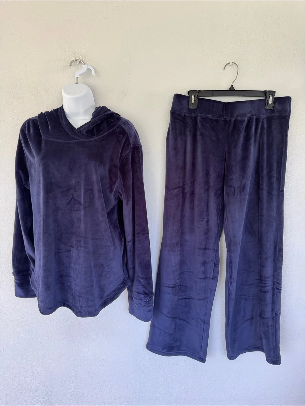 Pajamagram navy blue velour matching wide leg pants hoodie lounge set medium
